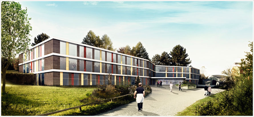 gerendertes 3D-Modell einer Perspektivzeichnung/ Visualisierung mit nachträglicher Bildbearbeitung für eine Klinik in Öschelbronn/ Projekt Vögele Architekten bda